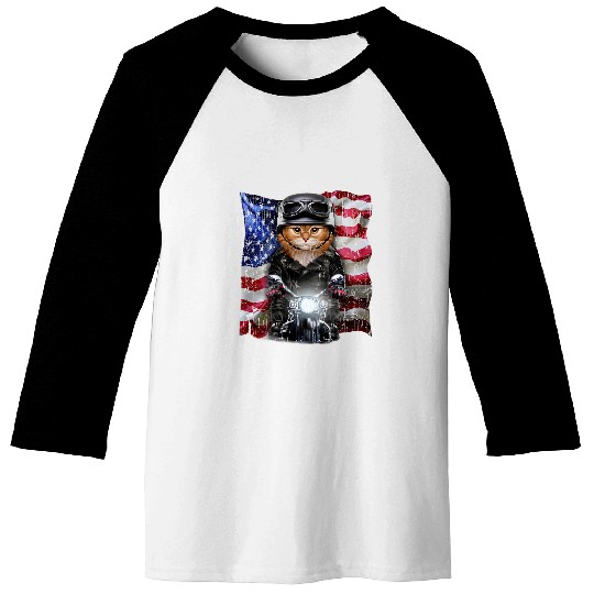 Patriot Orange Cat on Motorcycle with Flag of USA 21 Baseball Tees
