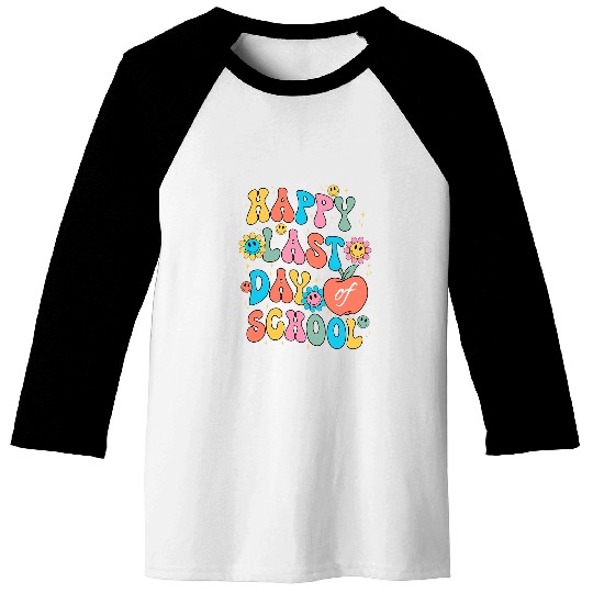 Retro Groovy Happy Last Day Of School End Of Year Teacher Baseball Tees