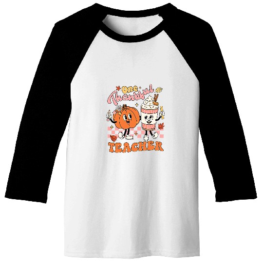 Retro One Thankful Teacher Pumpkin Coffee Thanksgiving Women Baseball Tees