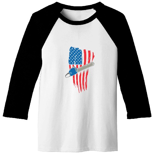 US Flag Chainsaw Patriotic Arborist Gifts Tree Surgeon Baseball Tees