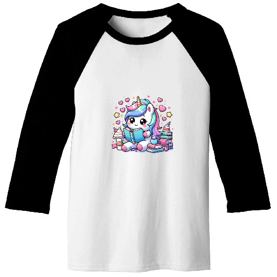 Funny Anime Kawaii Rainbow Unicorns Reading Books Coffee 3 Baseball Tees