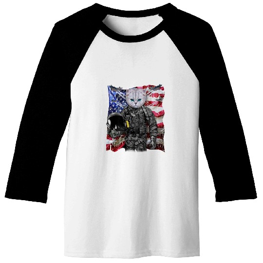 Fluffy White Cat Fighter Jet Pilot with Flag of USA Baseball Tees