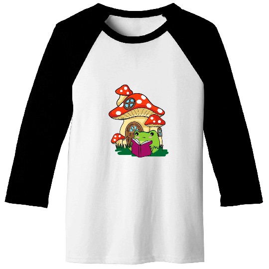 Cottagecore Aesthetic Kawaii Frog Reading A Book Mushroom 1 Baseball Tees