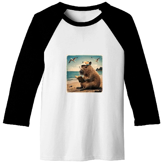 Cute birds capybaras Reading Book Beach Summer Love Reading Baseball Tees