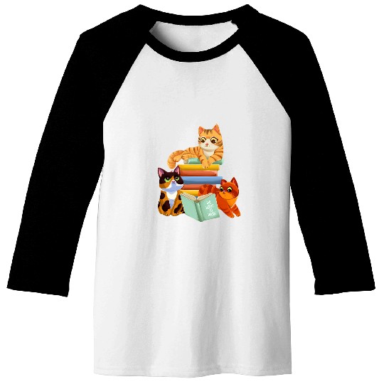Cute Cats Reading Book Funny Cat Baseball Tees