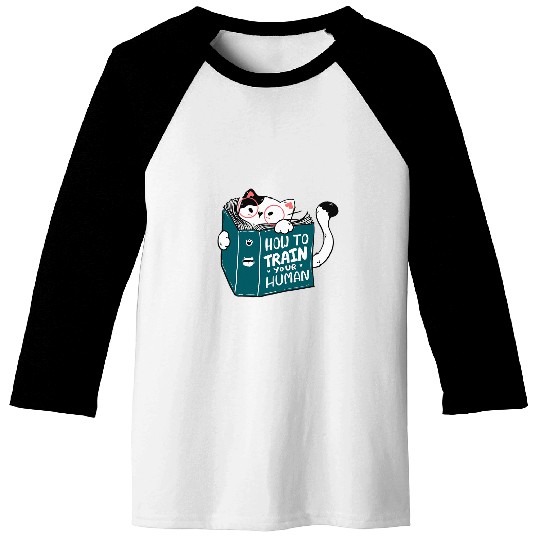 Cute Cat Reading A Human Training Book Funny Cat Baseball Tees