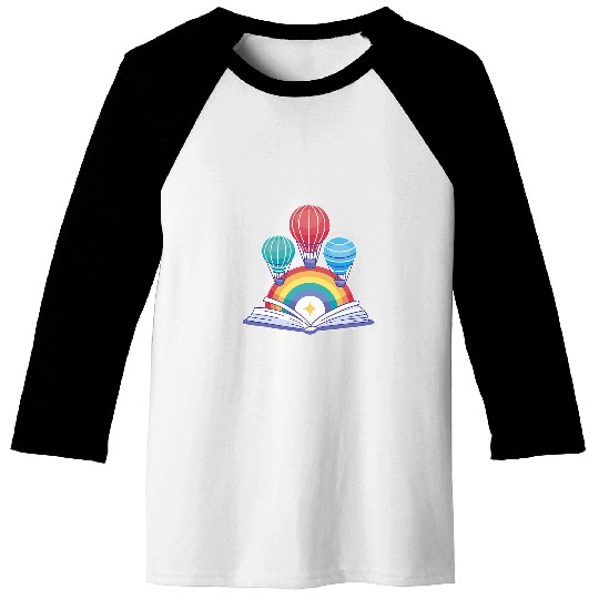 Open Book With Hot Air Balloons Rainbows Baseball Tees