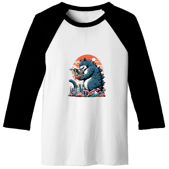 Giant Cat Ramen Retro Kawaii Japanese Anime Art Catzilla Baseball Tees