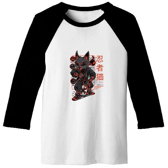 Japanese Japan Cat Kaiju Ninja Neko Anime Baseball Tees