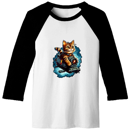 Cartoon cat flying with jet train Fantasy art Standard Baseball Tees
