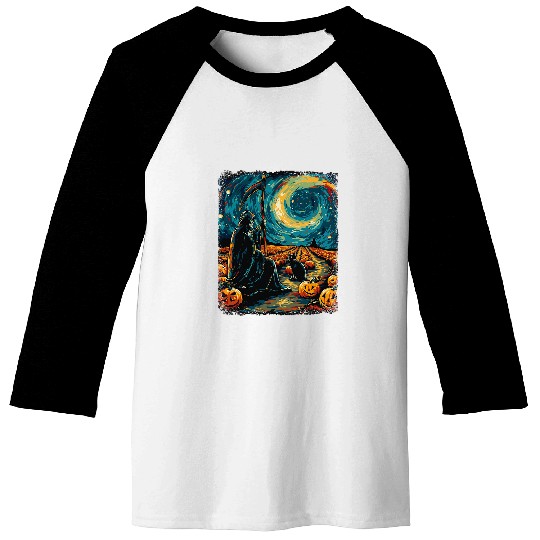 Halloween Van Gogh Starry Night Grim Reaper Pumpkins Cats Baseball Tees