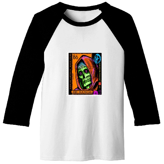 Grim Reaper Foreign Language Colorful Stamp Collection Art 1 Baseball Tees