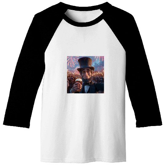 Abraham Lincoln Drinking Beer Funny USA American Flag July 4 30 Baseball Tees