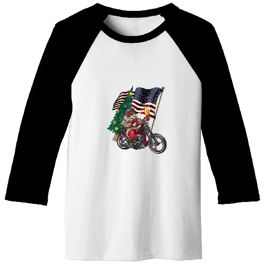 Santa Riding Motorcycle on Christmas Biker US Flag 1 Baseball Tees