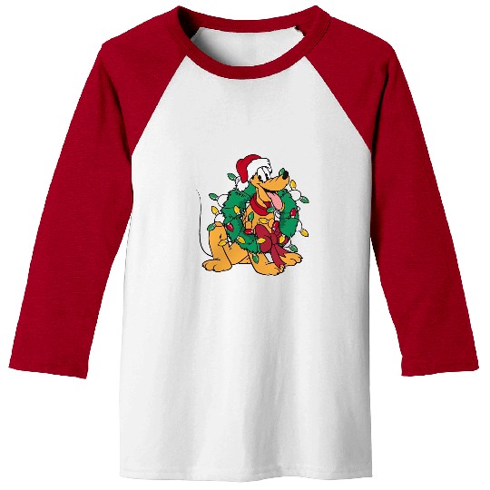 Pluto Wear Santa Hat Hug Christmas Wreath Baseball Tees, Very Merry Xmas Party Disney Trip Baseball Tees
