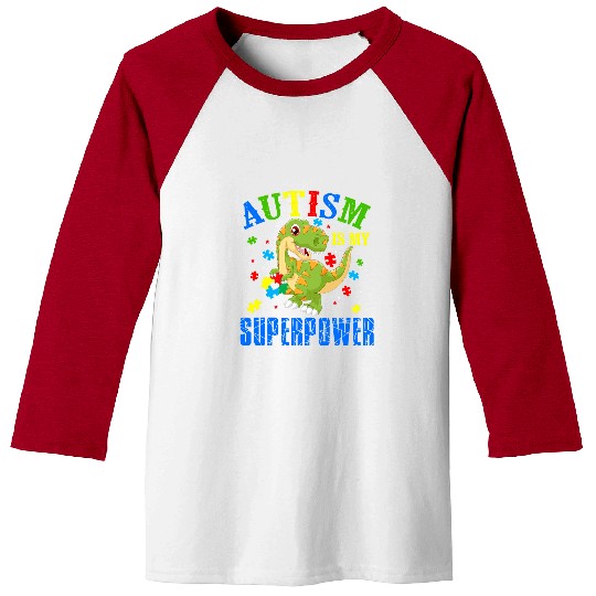 Autism Puzzle Dino TRex Autism Is My Superpower Cool Baseball Tees