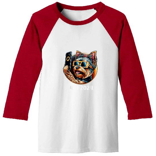 Yorkshire Pet Terrier Selfie With Solar 2024 Eclipse Glasses Baseball Tees