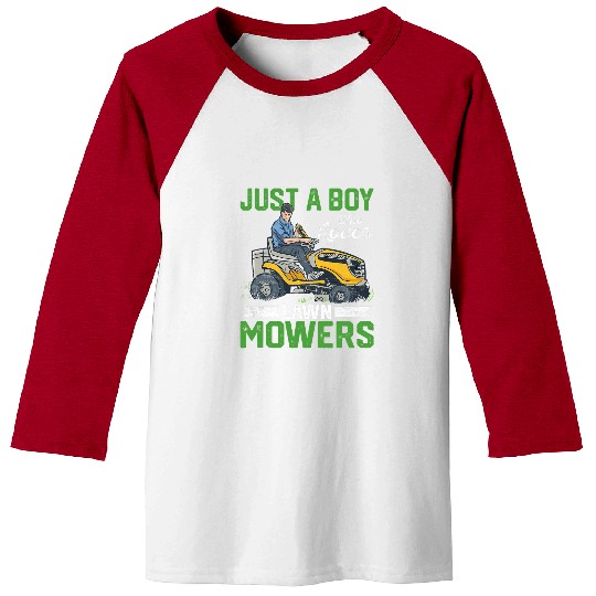 Lawn Mower Fun Just A Boy Who Loves Lawn Mowers Caretaker Lawn Mowing Baseball Tees