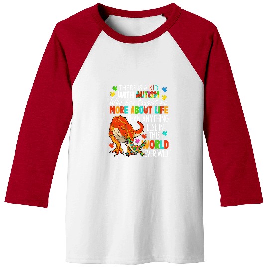 Autism Puzzle Dino There Is A Kid With Autism Dinosaur Mom Autism Child Month Baseball Tees