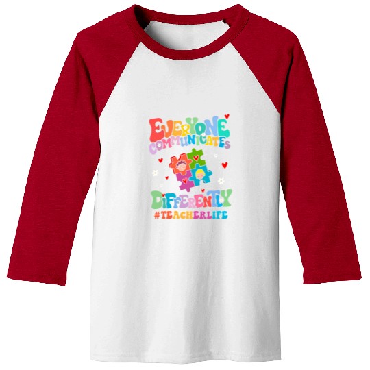 Autism Puzzle Teacher Life Everyone Communicates Differently Autism Awaren Baseball Tees
