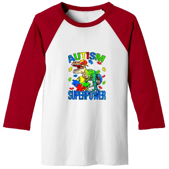 Autism Puzzle Dino T rexs Autism Is My Superpower Autism Awareness Kids Baseball Tees