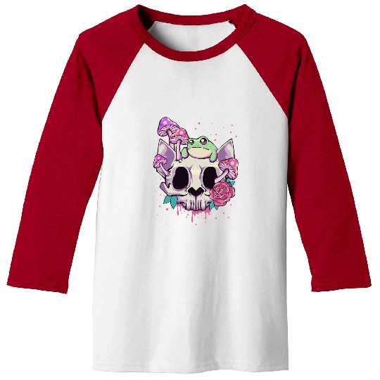 Frog Pet Pastel Goth Kawaii Frog On A Cat Skull with Mushroom Baseball Tees
