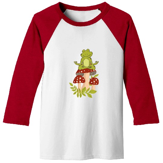 Frog Pet On Mushroom Meditating Cottagecore Aesthetic Baseball Tees