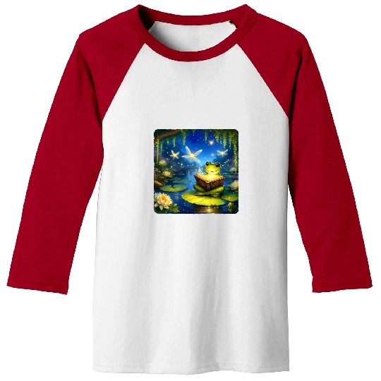 Frog Pet Reading Fairy Tale Book With Fireflies Magical Pond Baseball Tees