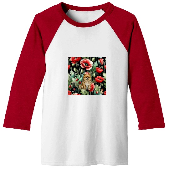 Pomeranian Pet Red Poppy Ladybug vintages Flowers Baseball Tees