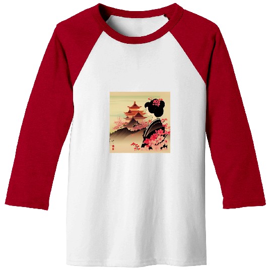 Japanese Lady Cherry Blossom Geisha looking at Castle Baseball Tees