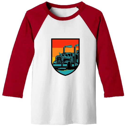 Truck Fun 18 Wheeler Retro Sunset Shield Baseball Tees