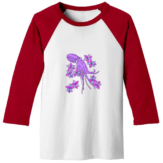 Octopus Pet Exotic Flowers Illustration With Pretty Purple Wild Baseball Tees