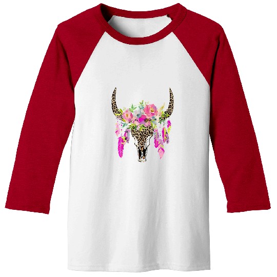 Cow Pet Leopard Cow Skull with Flowers Tribal T funny Baseball Tees