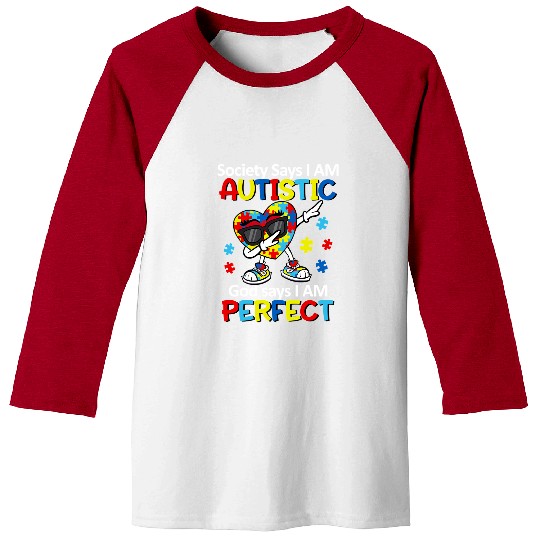 Autism Puzzle  Society Says I am Autistic God Says I am Perfect Awareness Baseball Tees