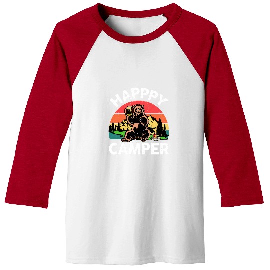 Beer Fun Happy Camper Bear Drink Beer Men Women Gift Camping Baseball Tees