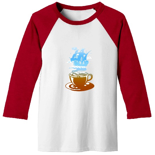 Coffee Fun Skull Crossbones Pirate Ship for Women Men Kids Baseball Tees