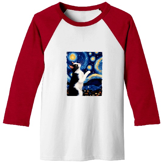 A Painting a Tuxedo Cat in The Starry Sky Cat Art Funny Baseball Tees
