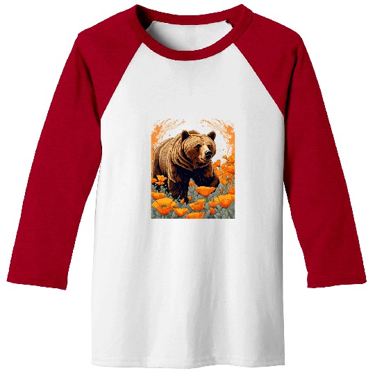 Bear Pet Bear Plodding Through Orange Californian Poppies Baseball Tees