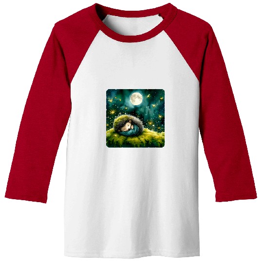 Hedgehog Pet Sleeping On Moss Fireflies Around Sleep Moss Baseball Tees