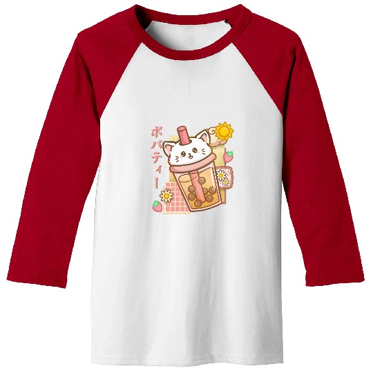 Boba Tea Cat Bubble Tea Strawberry Kawaii Cat Neko Anime Baseball Tees