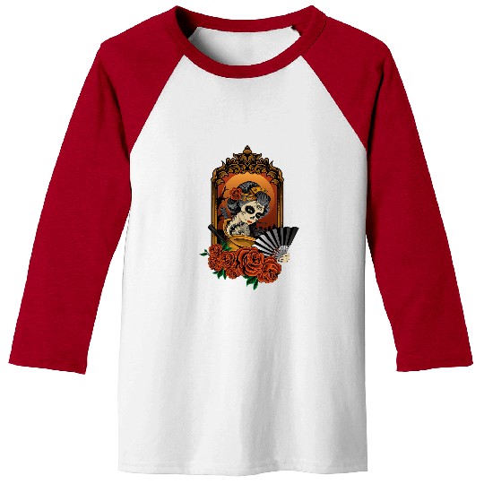 Calavera Geisha Skeletons Japanese Latino Sugar Skull Roses Baseball Tees