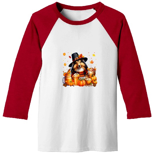 Coffee Fun Sheltie Thanksgiving Drinks Coffee Fall Leaves Pumpkins Baseball Tees