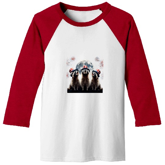 Raccoon Pet Howling Moon 4th of July Firework American Flag Baseball Tees