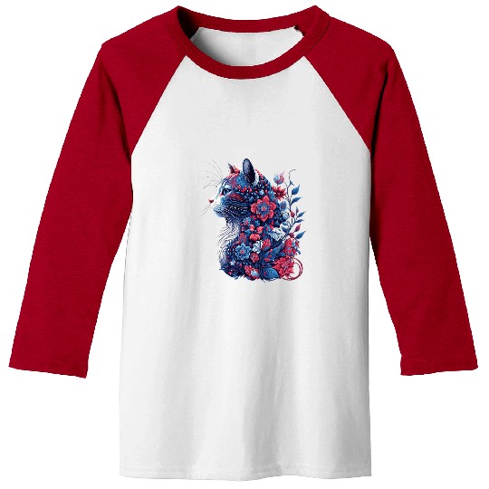 Cat Flowers Red White and Blue 4th of July Patriotic Baseball Tees
