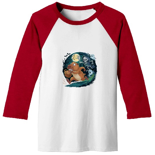 capybaras Pet Scared capybaras Fleeing Skeletons and ghosts Halloween Baseball Tees