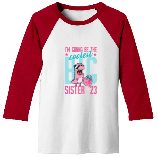 Coolest Big Sister 2023 Baby Pregnancy Dino Girls Baseball Tees