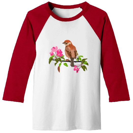 Sparrow on a branch pink flowers of an apple tree Baseball Tees