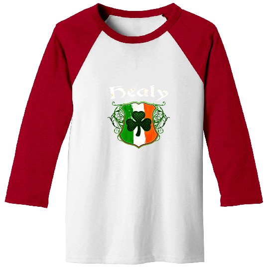 Healy Irish Surname Ireland Flag Shield Shamrock Baseball Tees