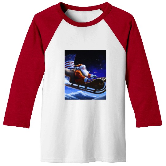 Patriotic Christmas Santa Claus With Sled And US Baseball Tees