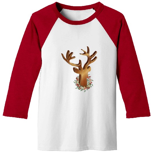 Deer head in wood look with Christmas wreath Baseball Tees